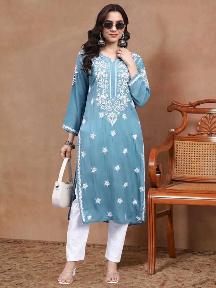 Hand Embroidered Chikankari Modal Straight Kurta- PC4059 Teal