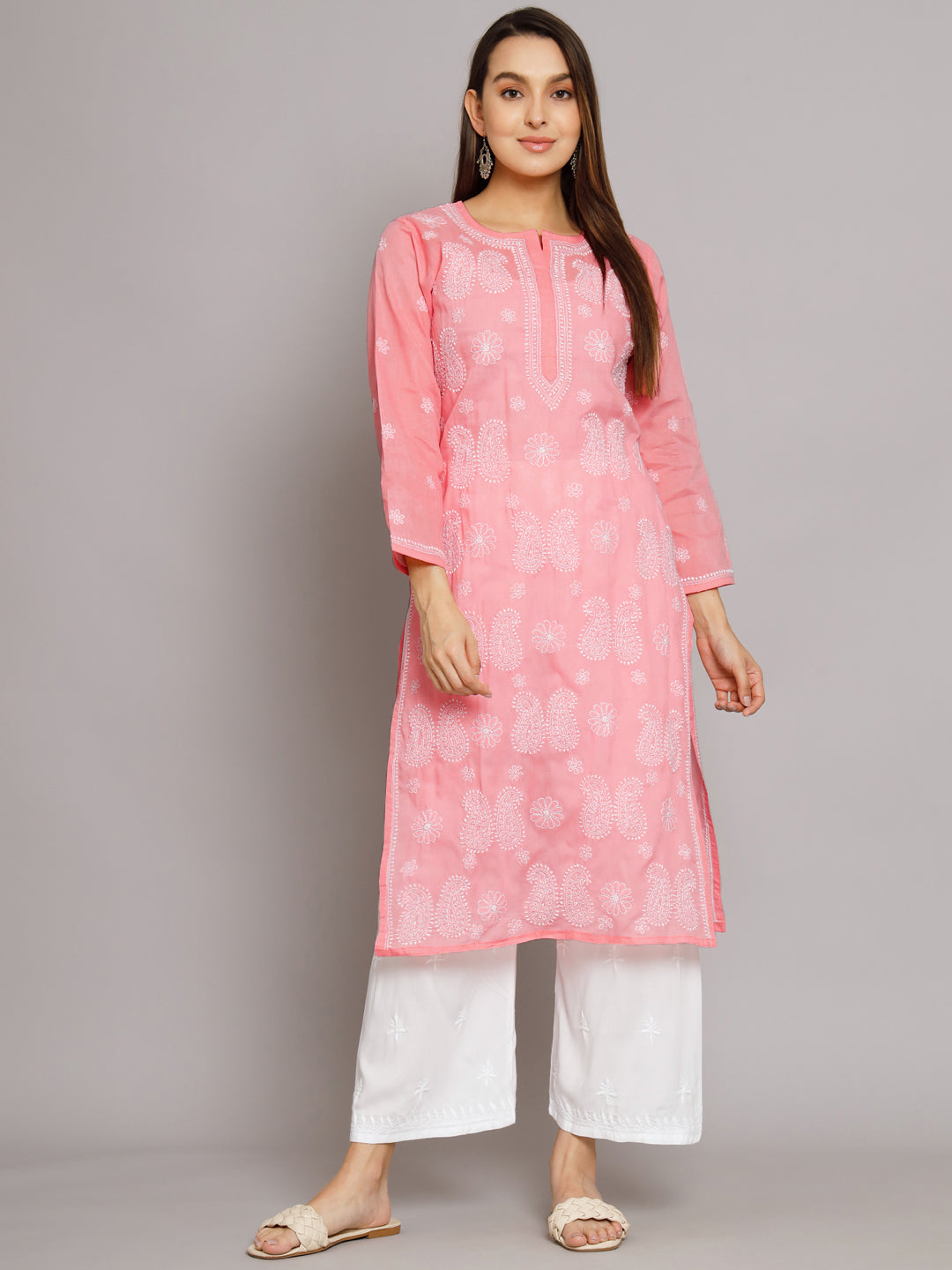 Hand Embroidered Chikankari Cotton Straight Kurta- PC3495