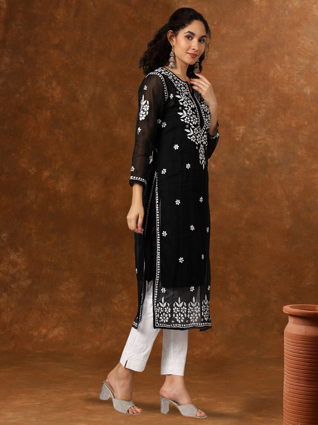 Hand Embroidered Chikankari Kota Cotton straight Kurta with Matching Slip- PC3540