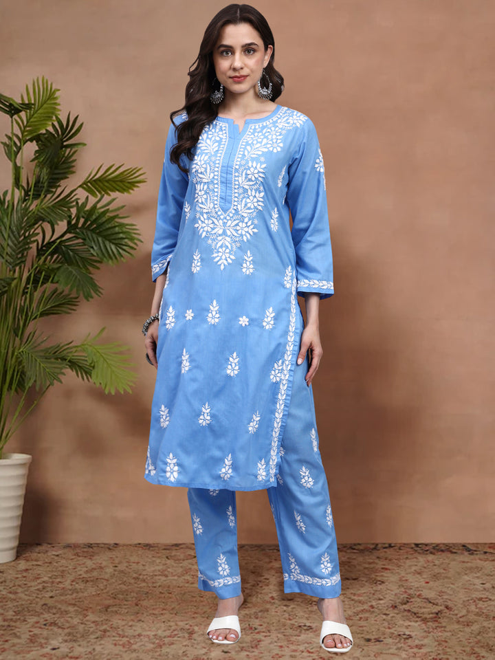 Women Hand Embroidered Chikankari Cotton Kurta set PC4107KS Denim