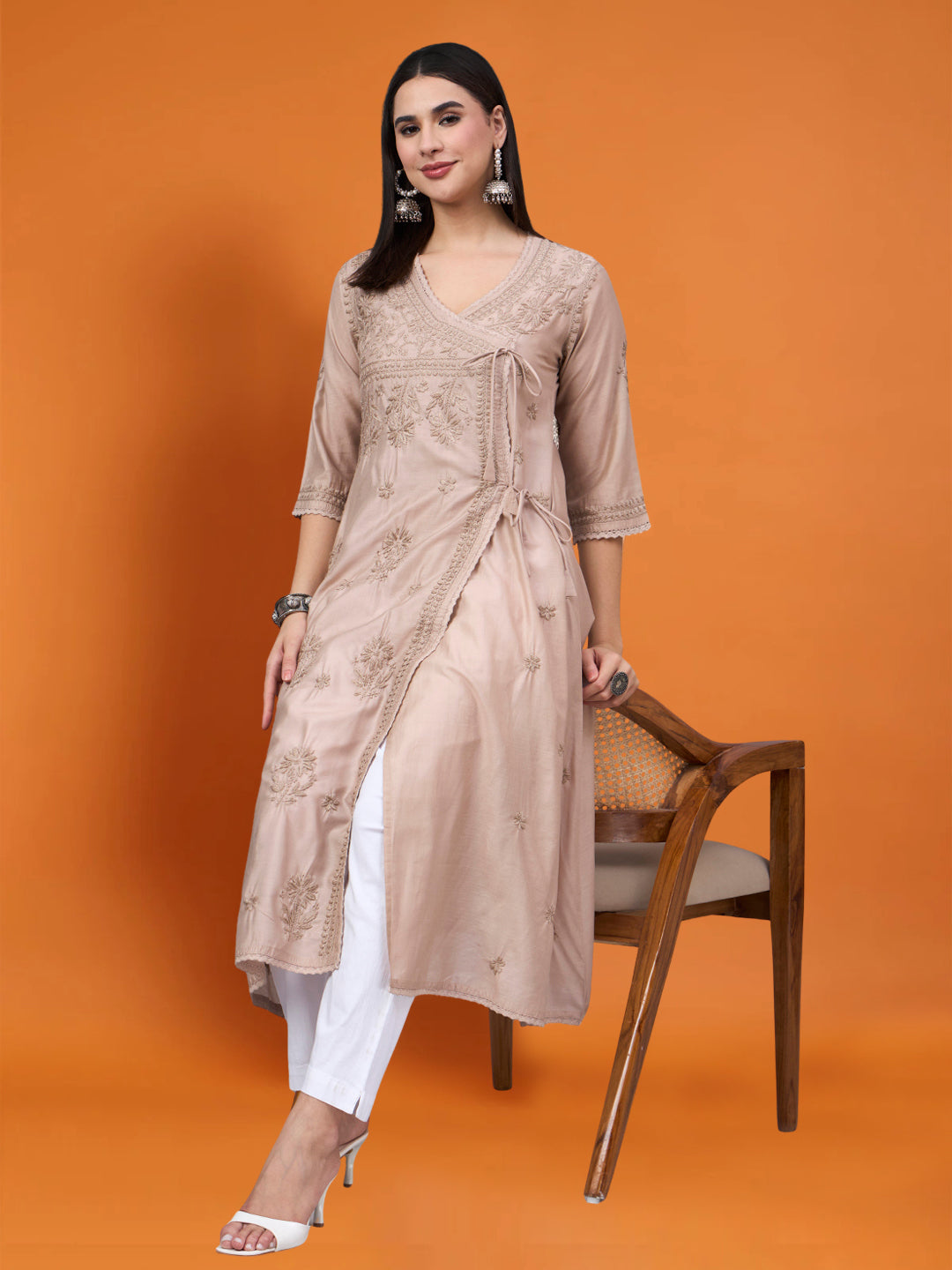 Women chikankari hand Embroidered Chanderi Angrakha kurta-PC3667 Beige
