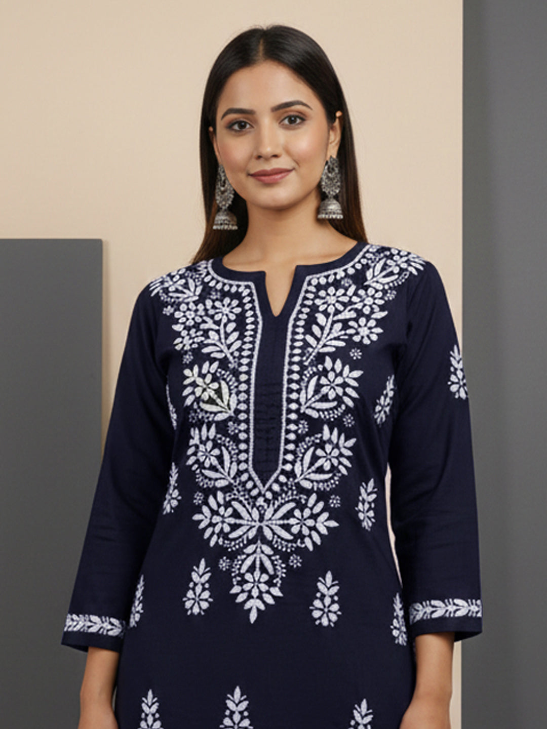 Women Hand Embroidered Chikankari Cotton kurta set PC4107KS Navy