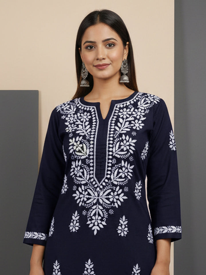 Women Hand Embroidered Chikankari Cotton kurta set PC4107KS Navy