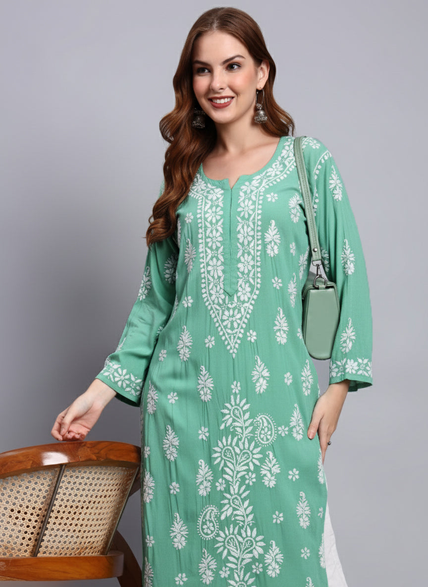 Hand Embroidered Chikankari Modal Straight Kurta- PC4042
