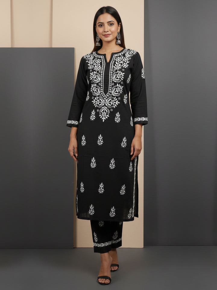 Women Hand Embroidered Chikankari Cotton kurta set PC4107KS Black