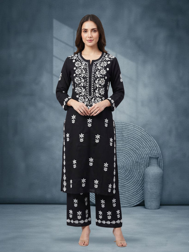 Women Hand Embroidered Chikankari Cotton Kurta Set PC4135KS Black