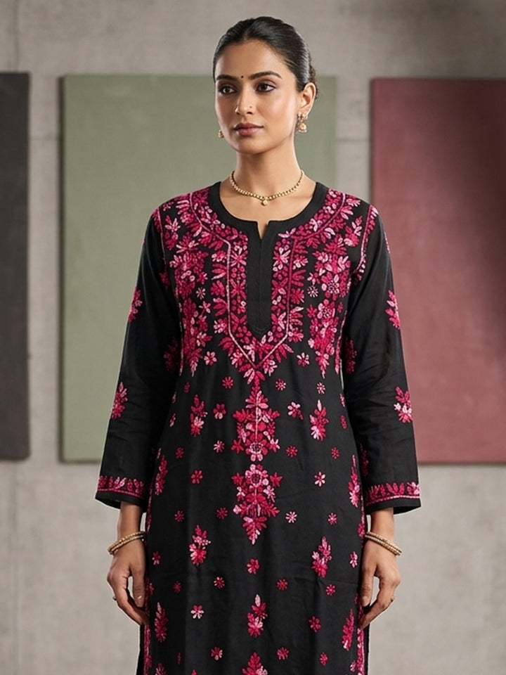Hand Embroidered Chikankari Modal Straight Kurta PC4113 Magenta