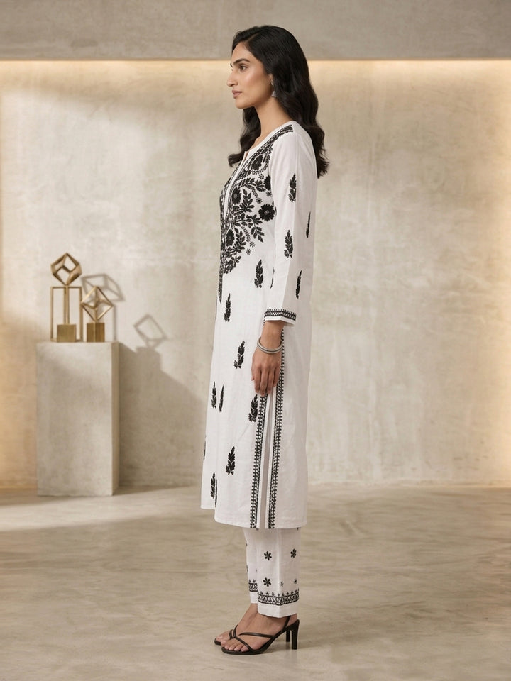 Women Hand Embroidered Chikankari Modal kurta set PC3451KS-WHITEANDBLACK