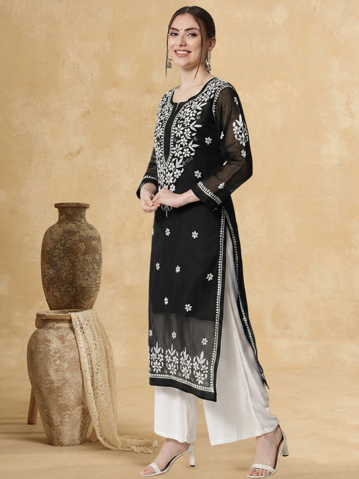 Hand Embroidered Chikankari Kota Cotton straight Kurta with Matching Slip- PC3540 Black