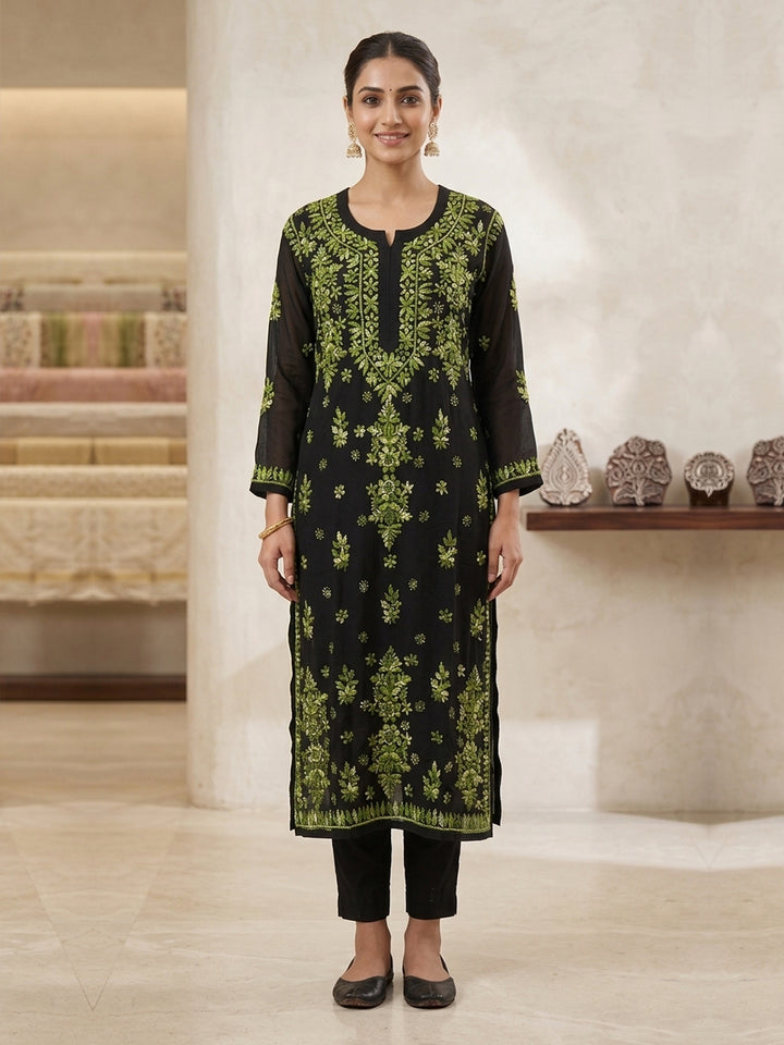 Hand Embroidered Chikankari Modal Straight Kurta PC4113 Green