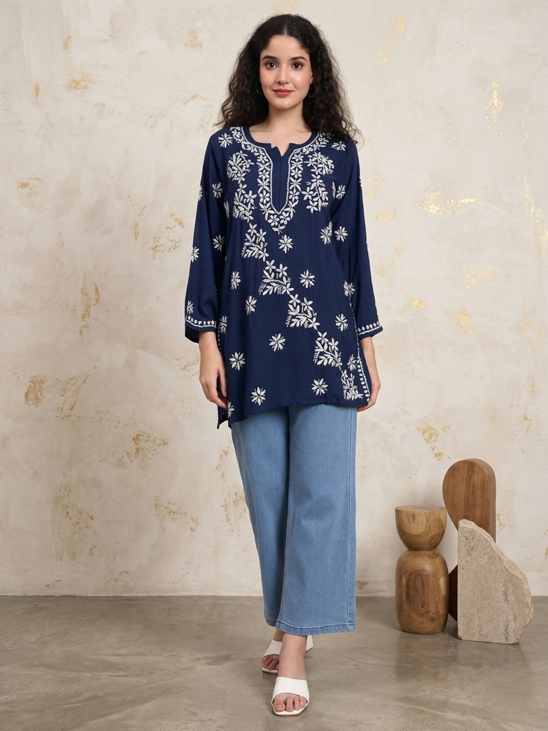 Women Hand Embroidered Chikankari Rayon Kurti PC4071 Darknavy