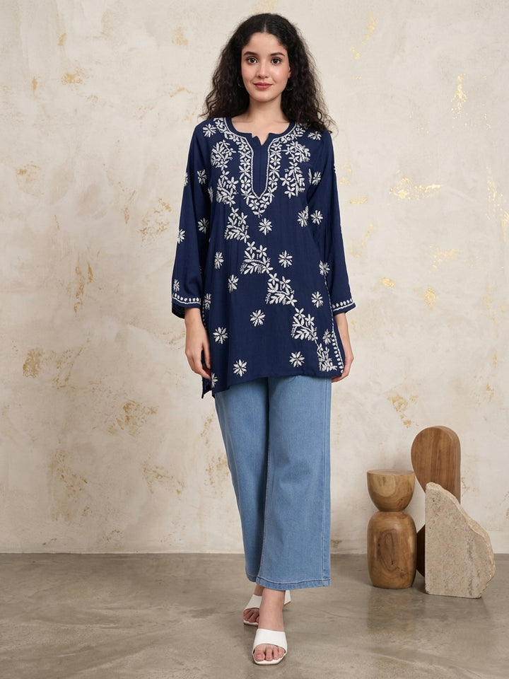 Women Hand Embroidered Chikankari Rayon Kurti PC4071 Darknavy