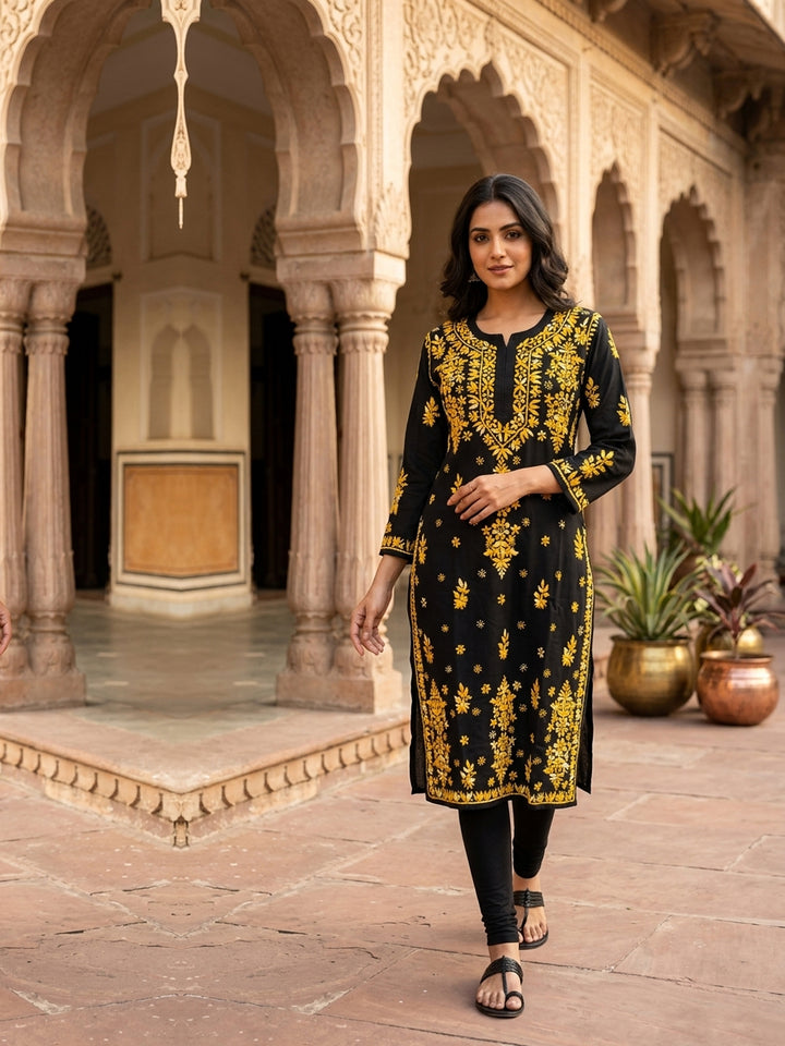 Hand Embroidered Chikankari Modal Straight Kurta PC4113 Yellow