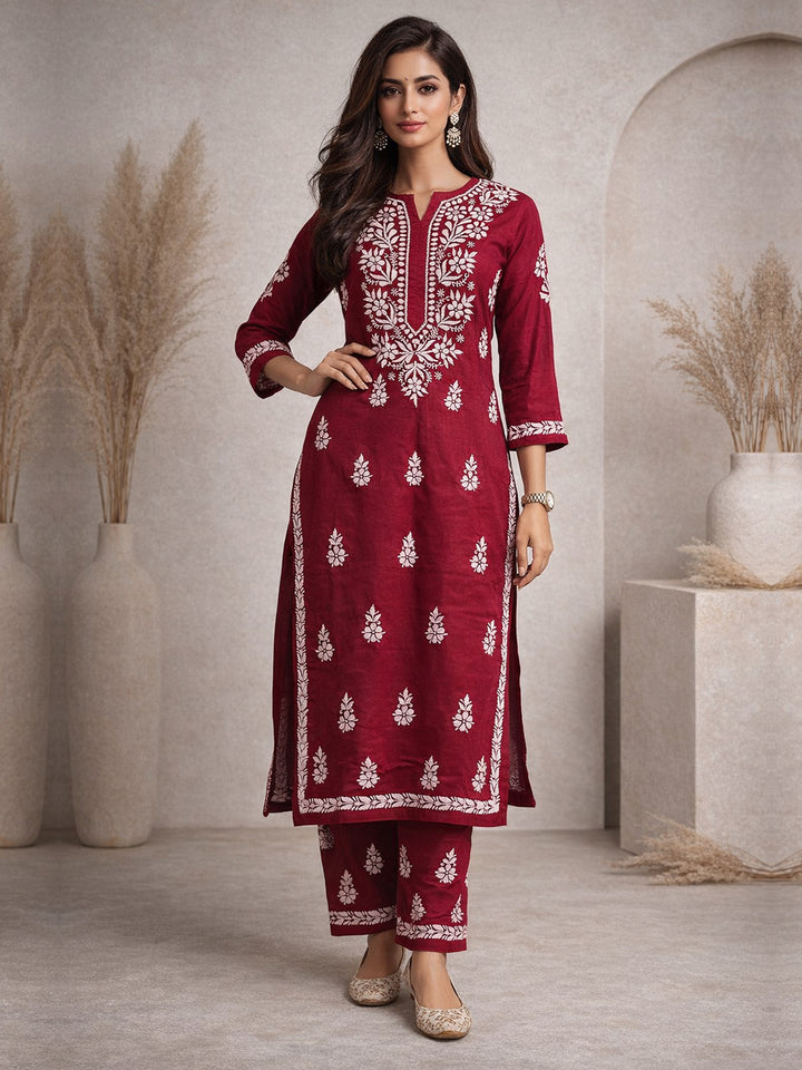 Women Hand Embroidered Chikankari Cotton kurta set PC4107KS Maroon