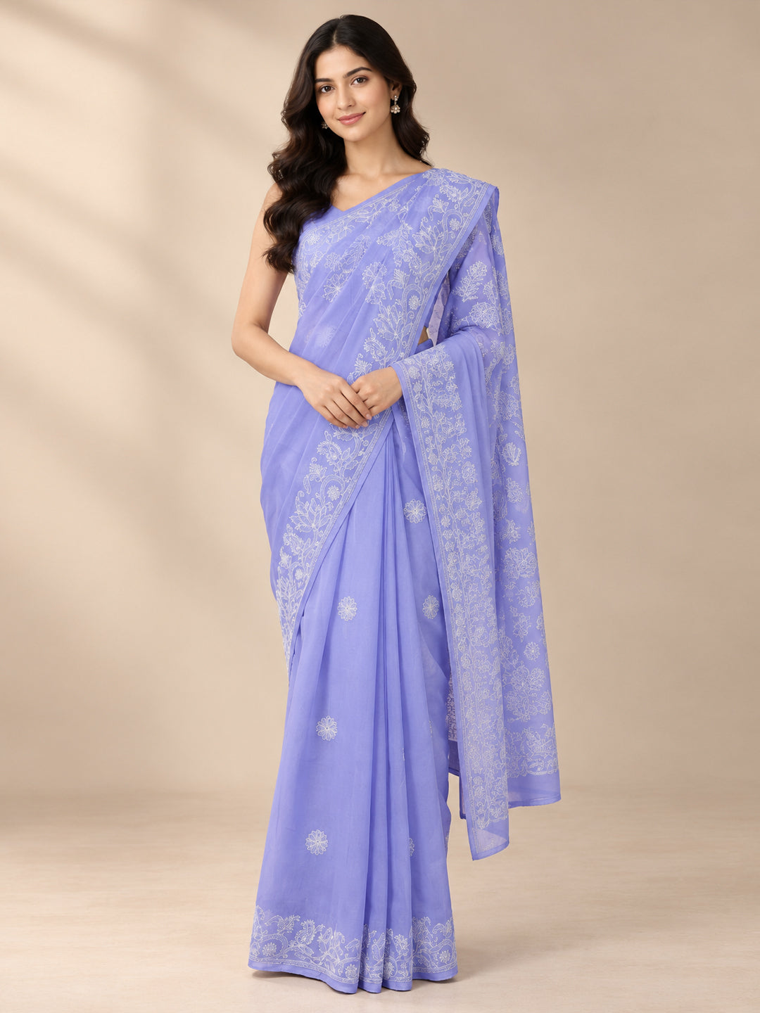 Hand Embroidered Chikankari Cotton Saree PCSAR02 Mauve