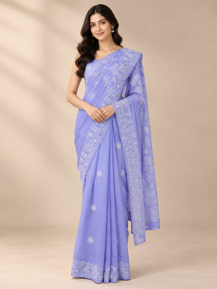 Hand Embroidered Chikankari Cotton Saree PCSAR02 Mauve