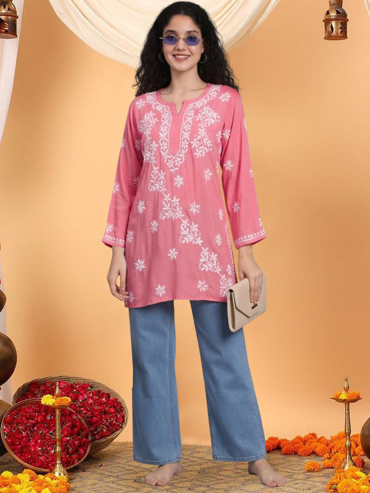 Women Hand Embroidered Chikankari Rayon Kurti PC4071 Peachpuff