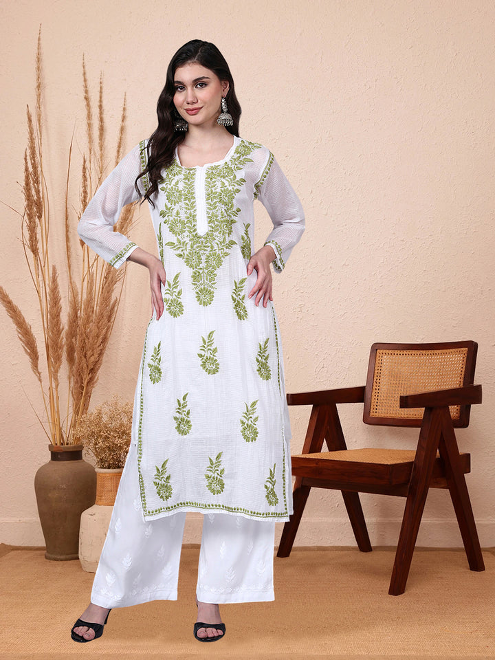 Hand Embroidered Chikankari Kota Cotton Straight Kurta With Matching Slip- PC4137 Olive