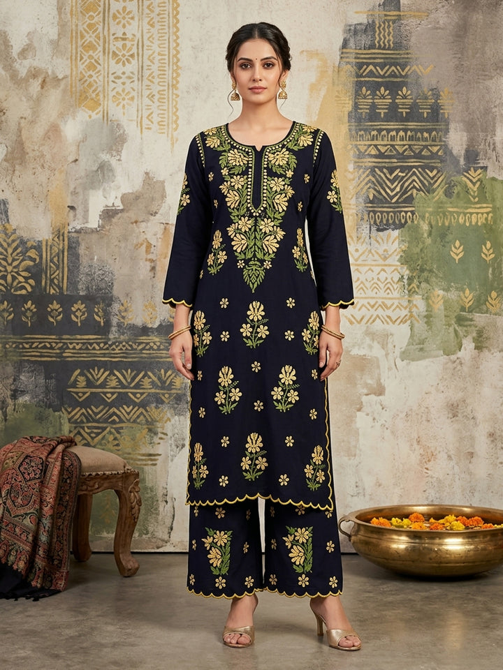 Women Hand Embroidered Chikankari Rayon Kurta Set With Cut Work PC4132KS Yellow