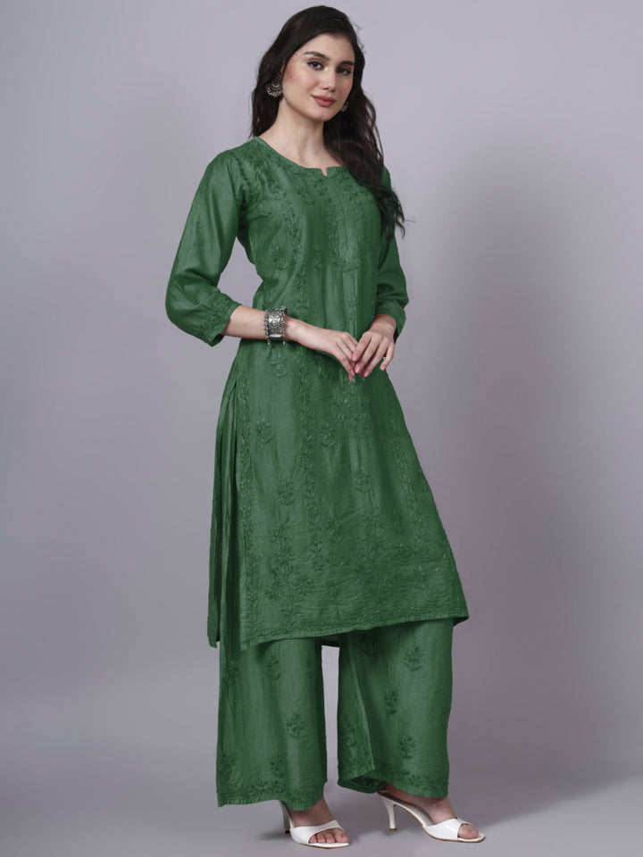 Women Hand Embroidered Chikankari Chanderi Kurta Set with dupatta PC4136KS Green