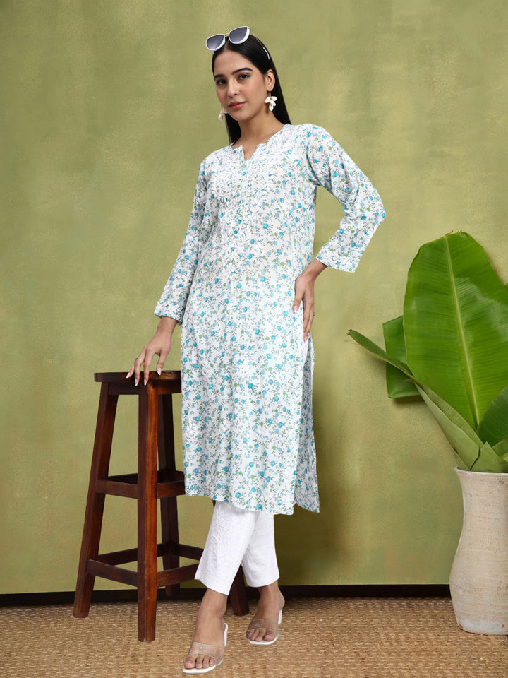 Hand Embroidered Chikankari Mulmul Printed Straight Kurta- PC4105