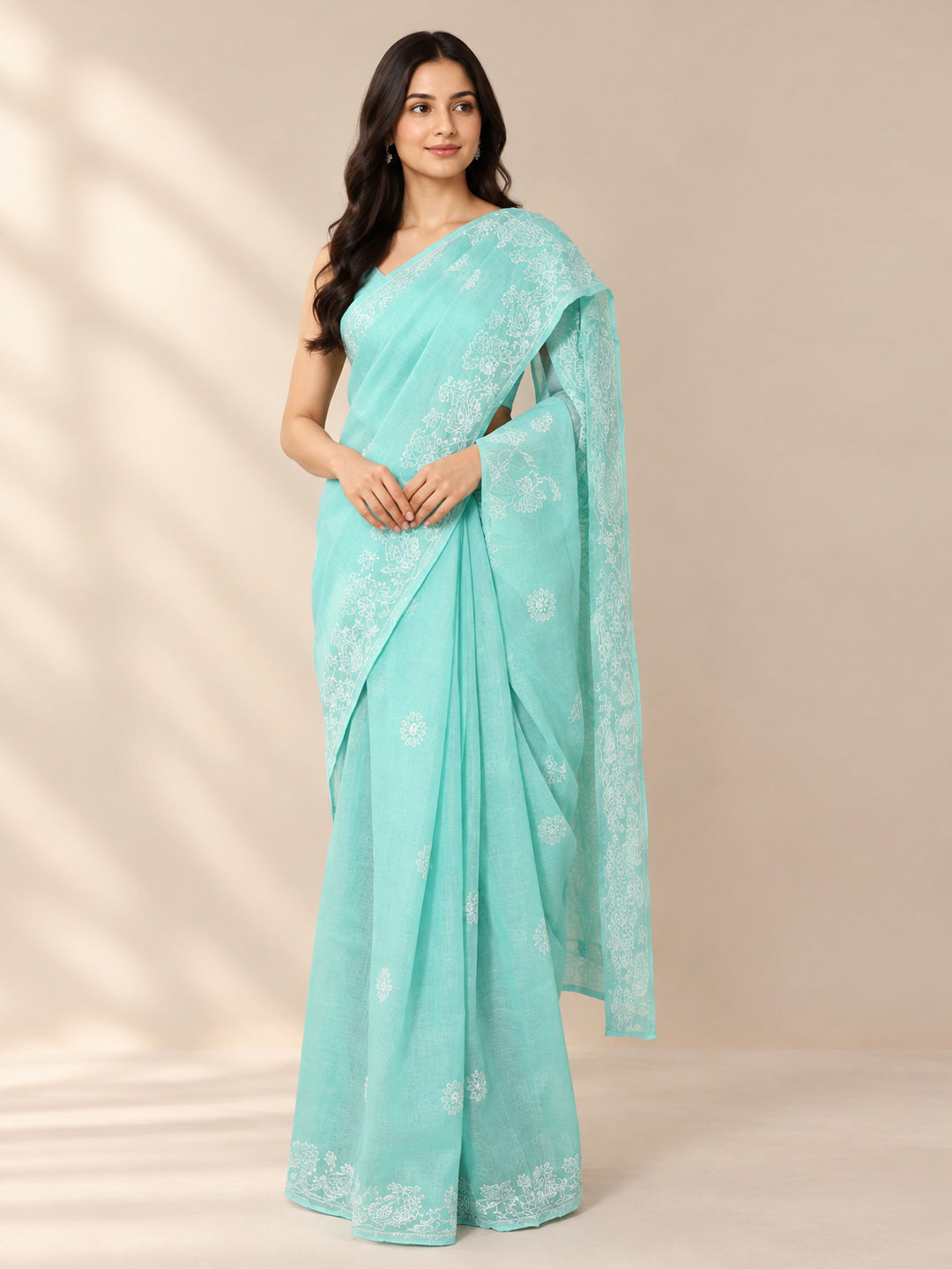 Hand Embroidered Chikankari Cotton Saree PCSAR02 Seagreen