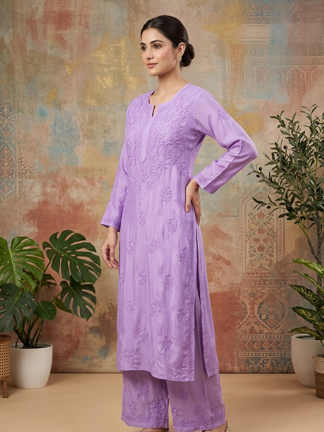 Women Hand Embroidered Chikankari Muslin Kurta Set PC4118KS-MAUVE