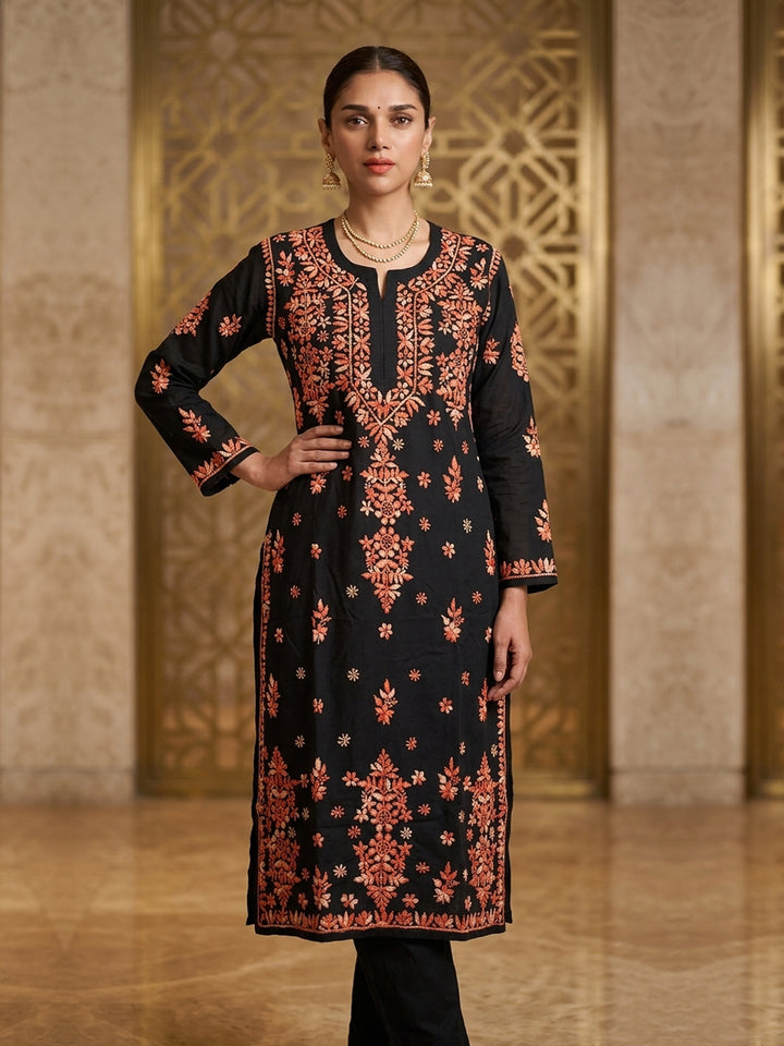 Hand Embroidered Chikankari Modal Straight Kurta PC4113 Orange