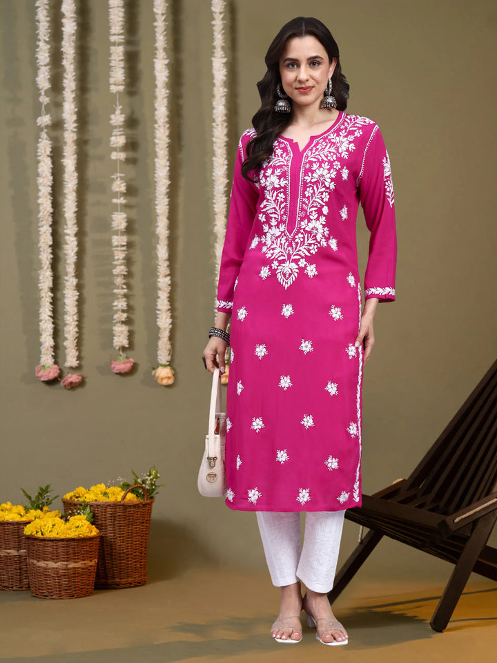Hand Embroidered Chikankari Modal Straight Kurta- PC4059 Magenta