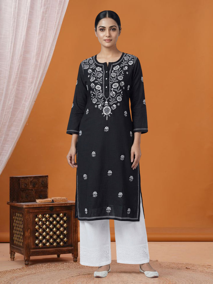 Hand Embroidered Chikankari Straight Floral Cotton Kurta-NTV115 Black