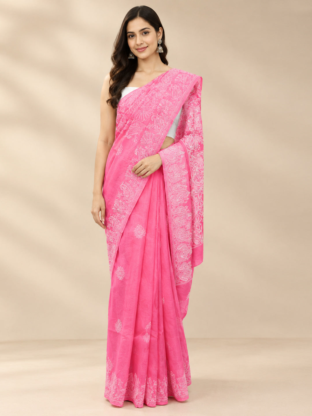 Hand Embroidered Chikankari Cotton Saree PCSAR02 Darkpink