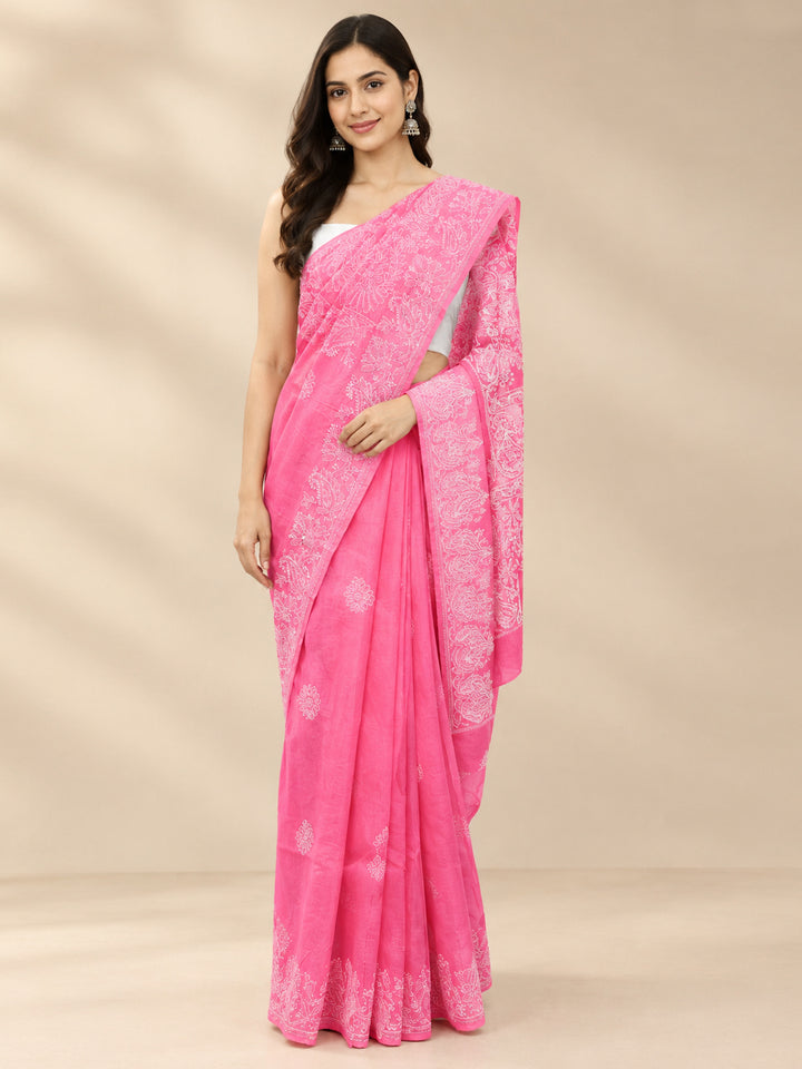Hand Embroidered Chikankari Cotton Saree PCSAR02 Darkpink