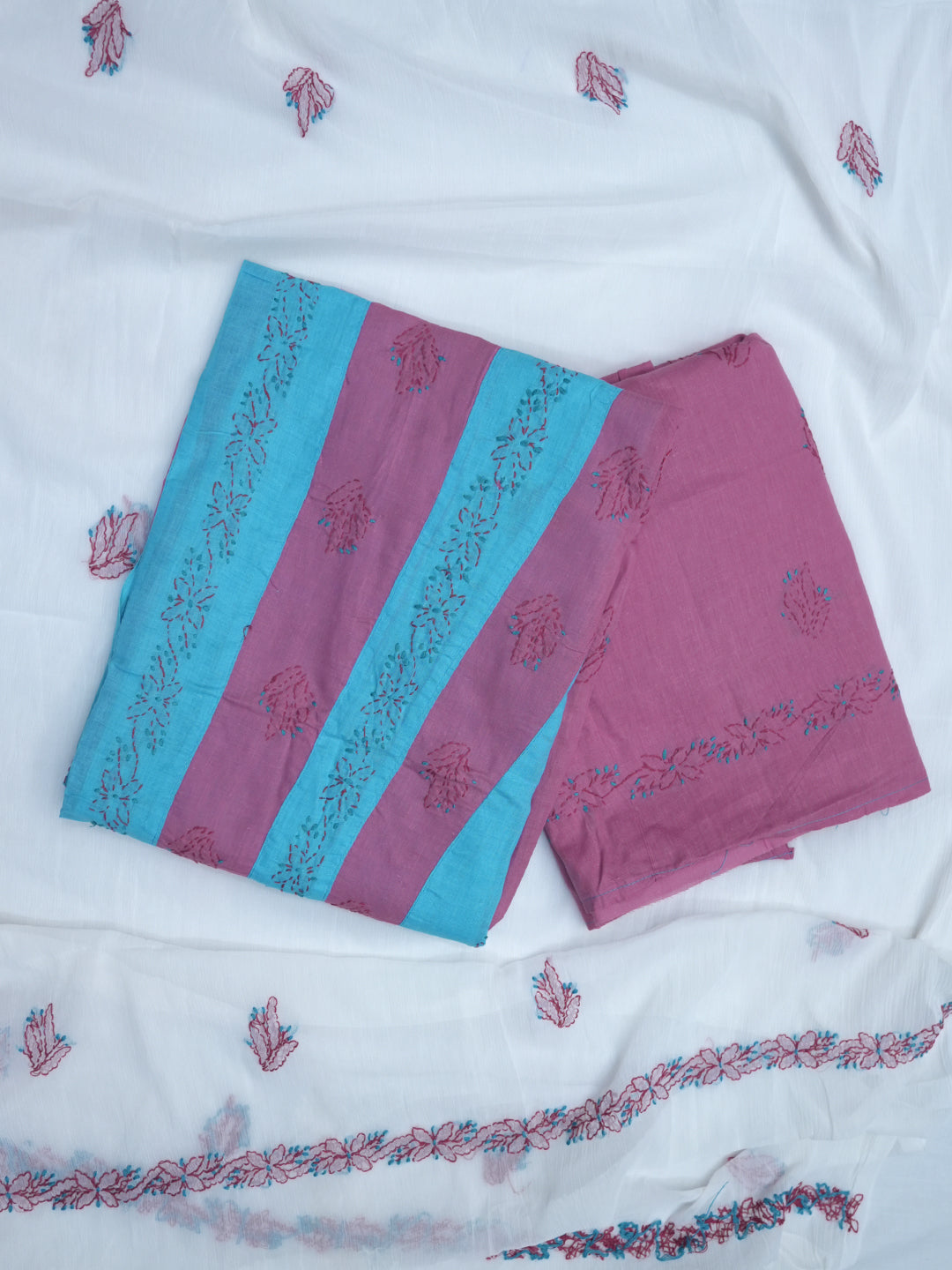 women hand embroidered chikankari cotton dressmaterial PC4120-TURQUOISE6