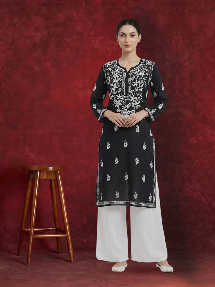 Hand Embroidered Chikankari Cotton Straight Kurta-PC3372 Black