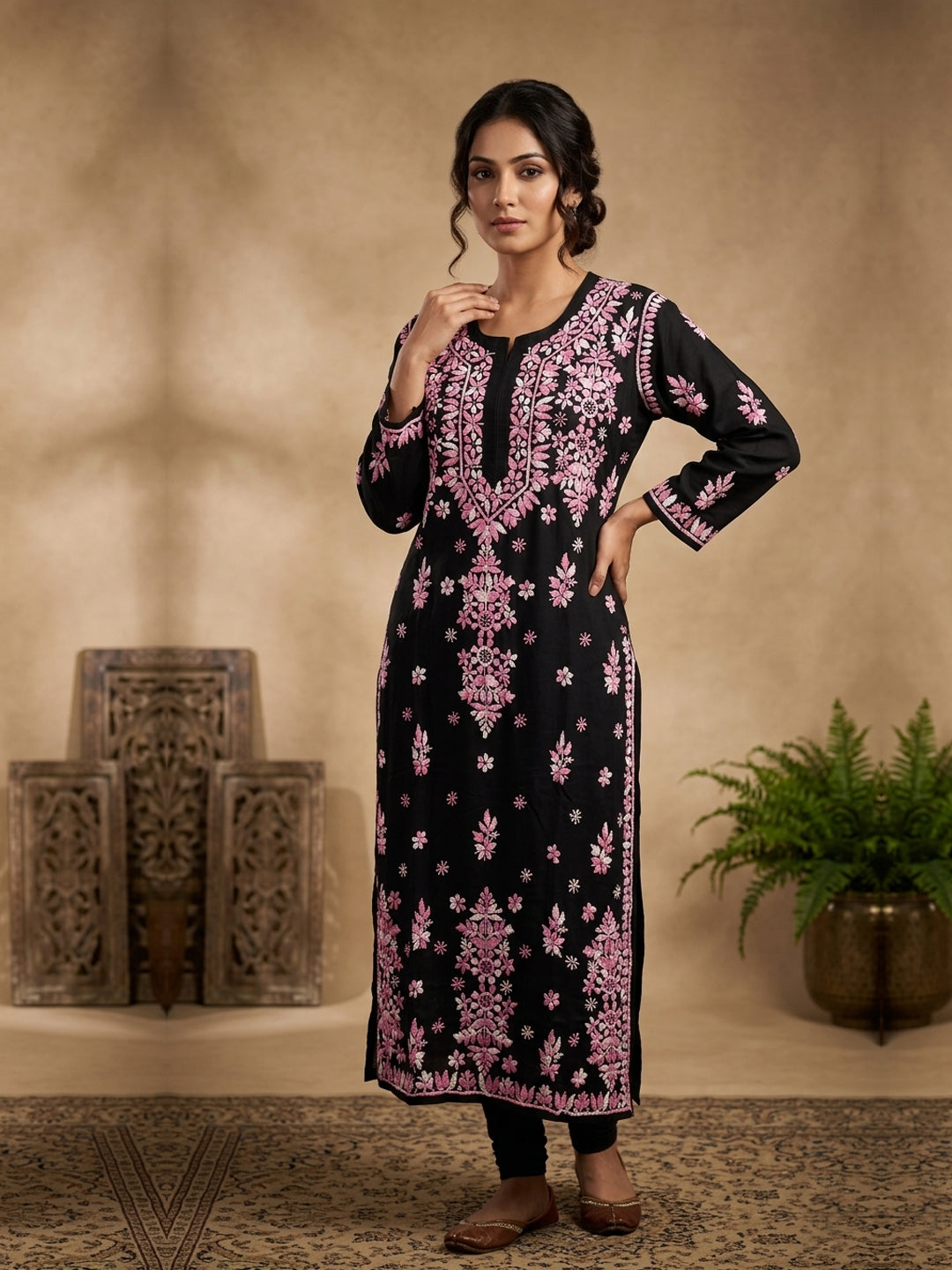Hand Embroidered Chikankari Modal Straight Kurta PC4113 Pink