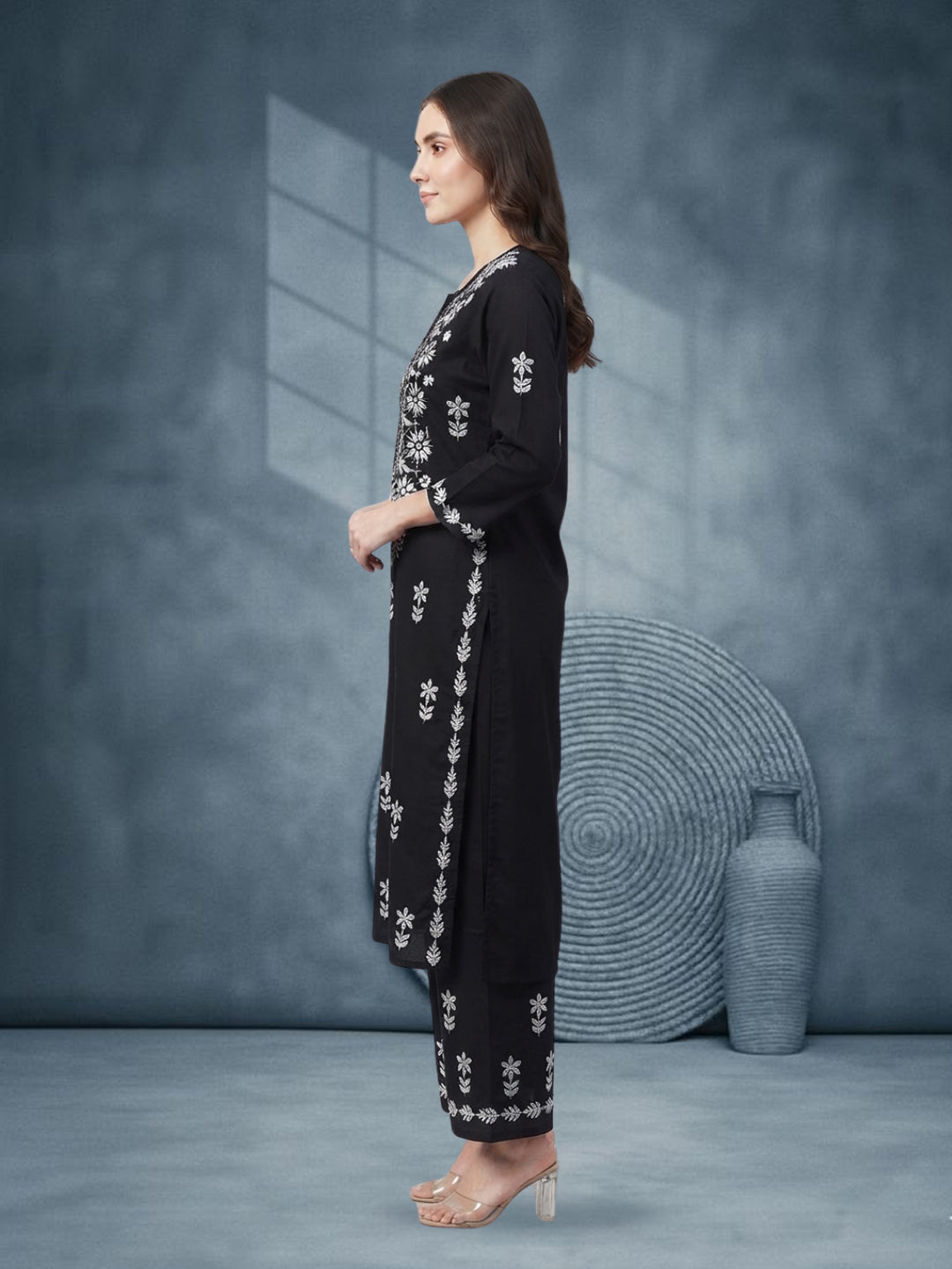 Women Hand Embroidered Chikankari Cotton Kurta Set PC4135KS Black