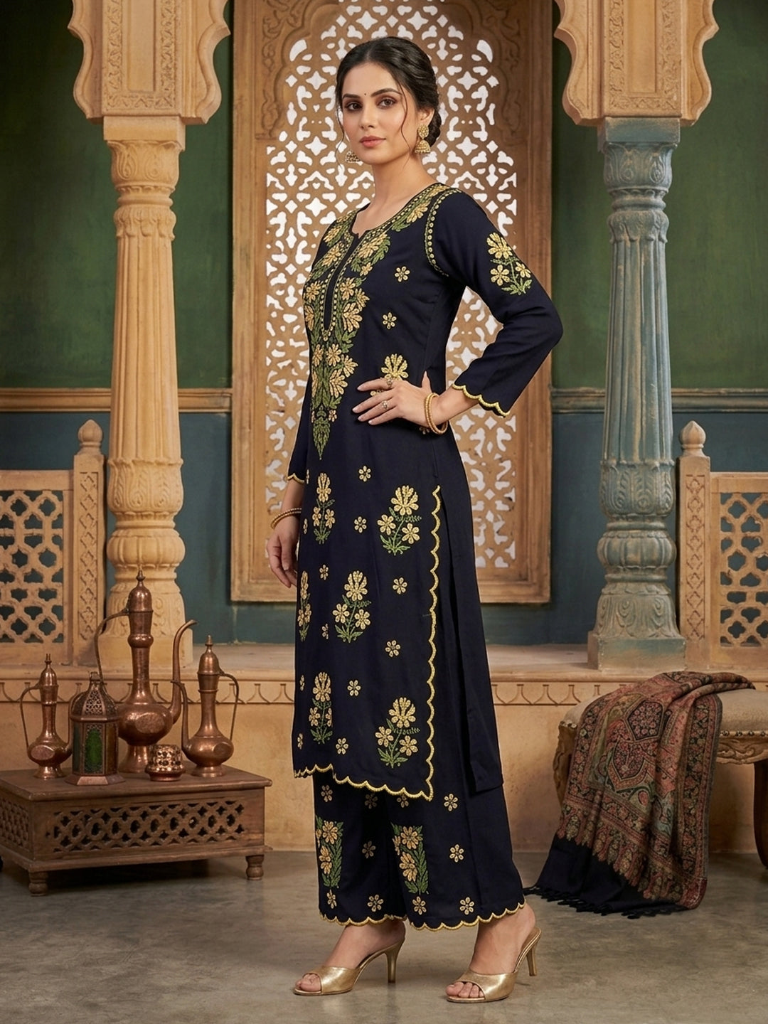 Women Hand Embroidered Chikankari Rayon Kurta Set With Cut Work PC4132KS Yellow