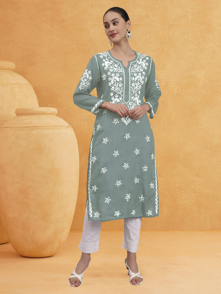 Hand Embroidered Chikankari Modal Straight Kurta- PC4059