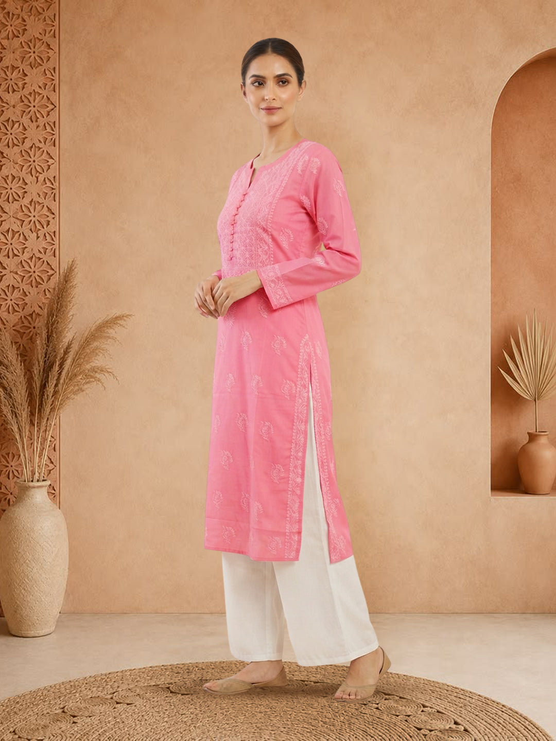 Hand Embroidered Chikankari Cotton Straight Kurta- PC3579 Coral