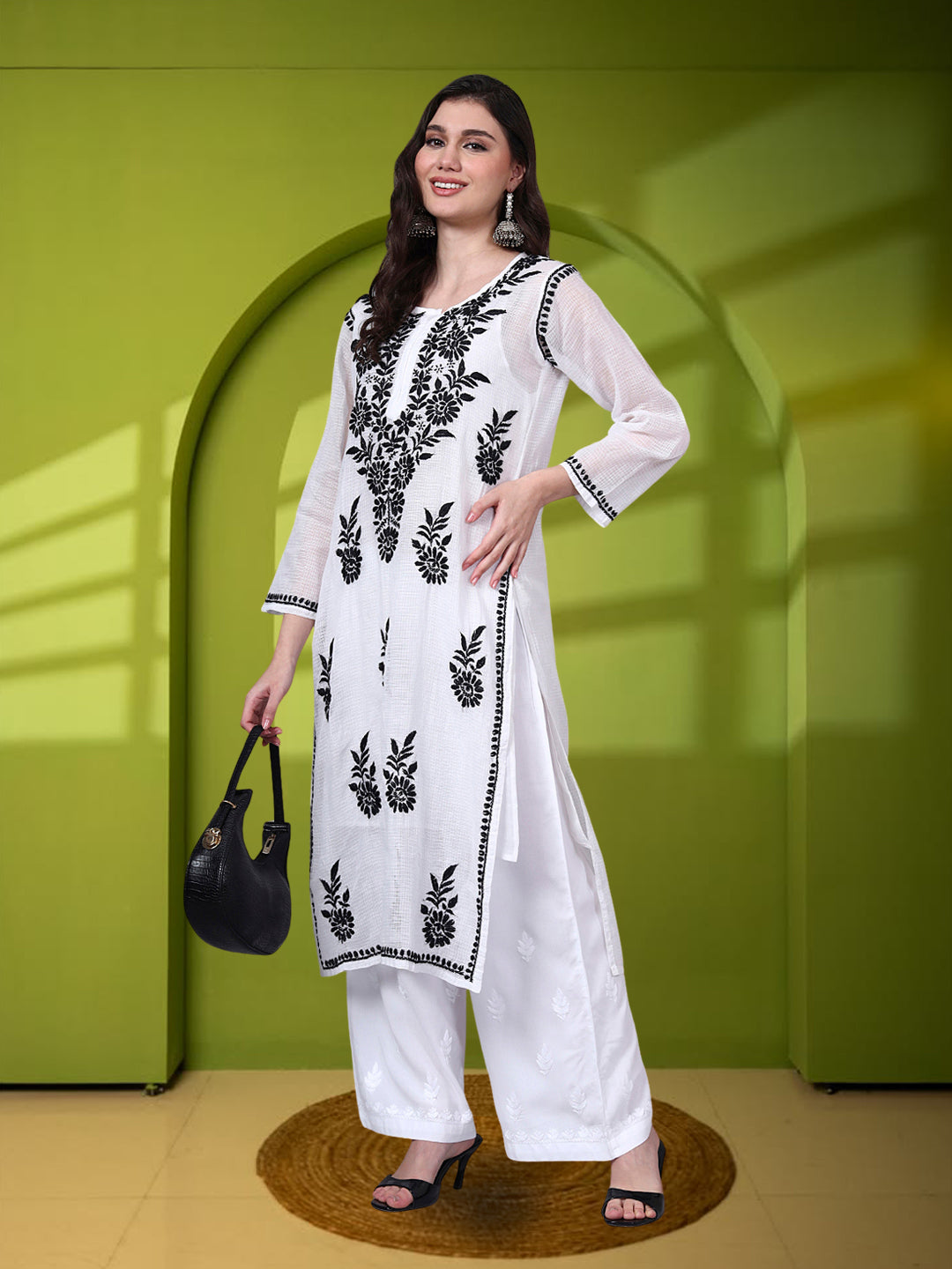 Hand Embroidered Chikankari Kota Cotton Straight Kurta With Matching Slip- PC4137 Black
