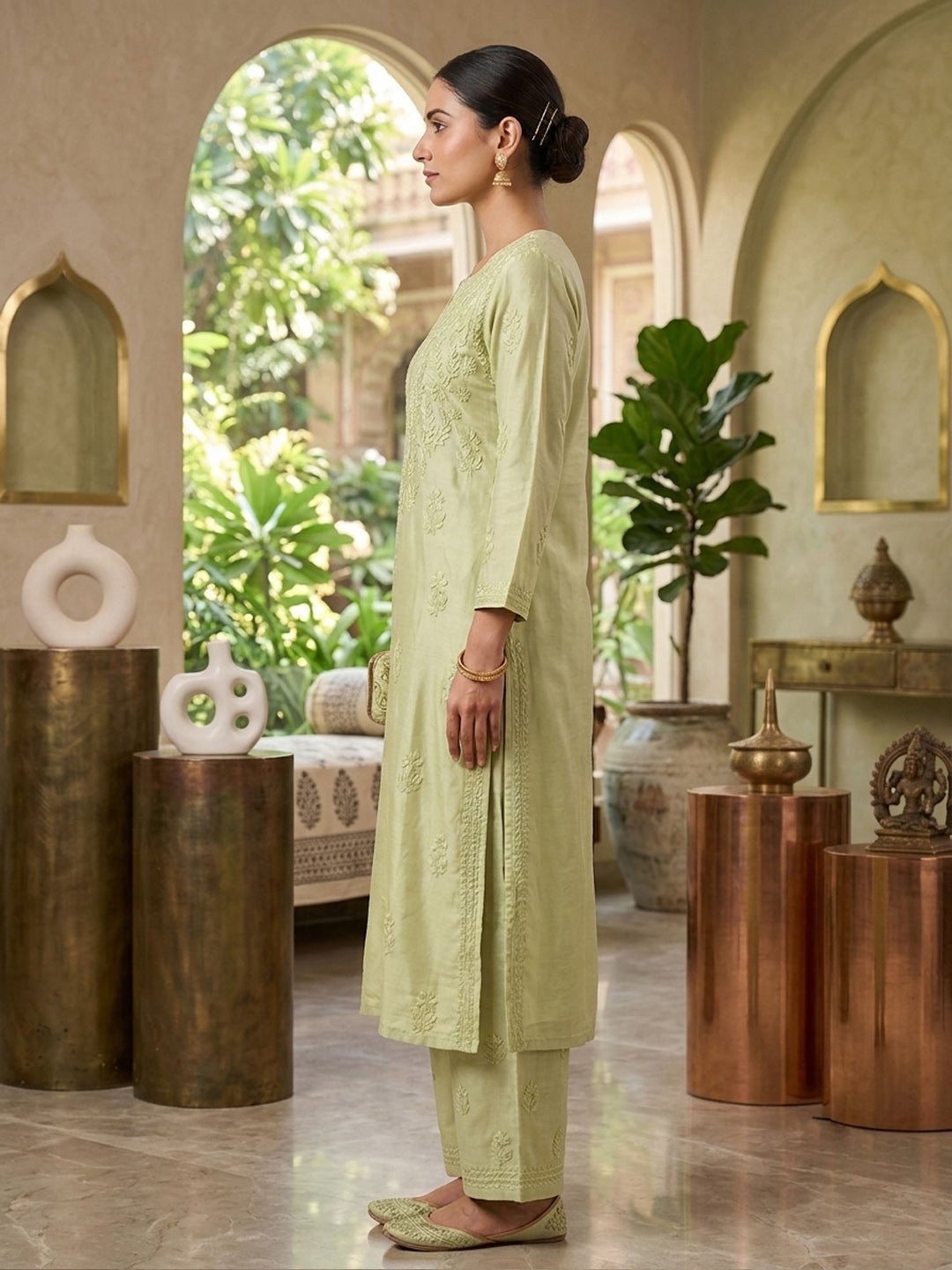 Women Hand Embroidered Chikankari Muslin Kurta Set PC4118KS-OLIVE