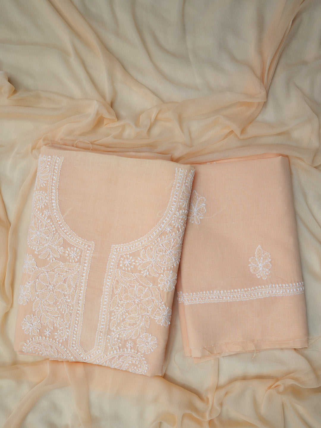 Women Hand Embroidered Chikankari Cotton DressMaterial PCSCU00104FS-PEACH