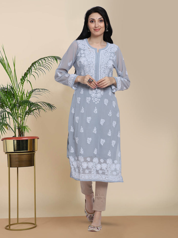 Women Hand Embroidered Chikankari Georgette Straight Kurta with Matching Slip PC3511