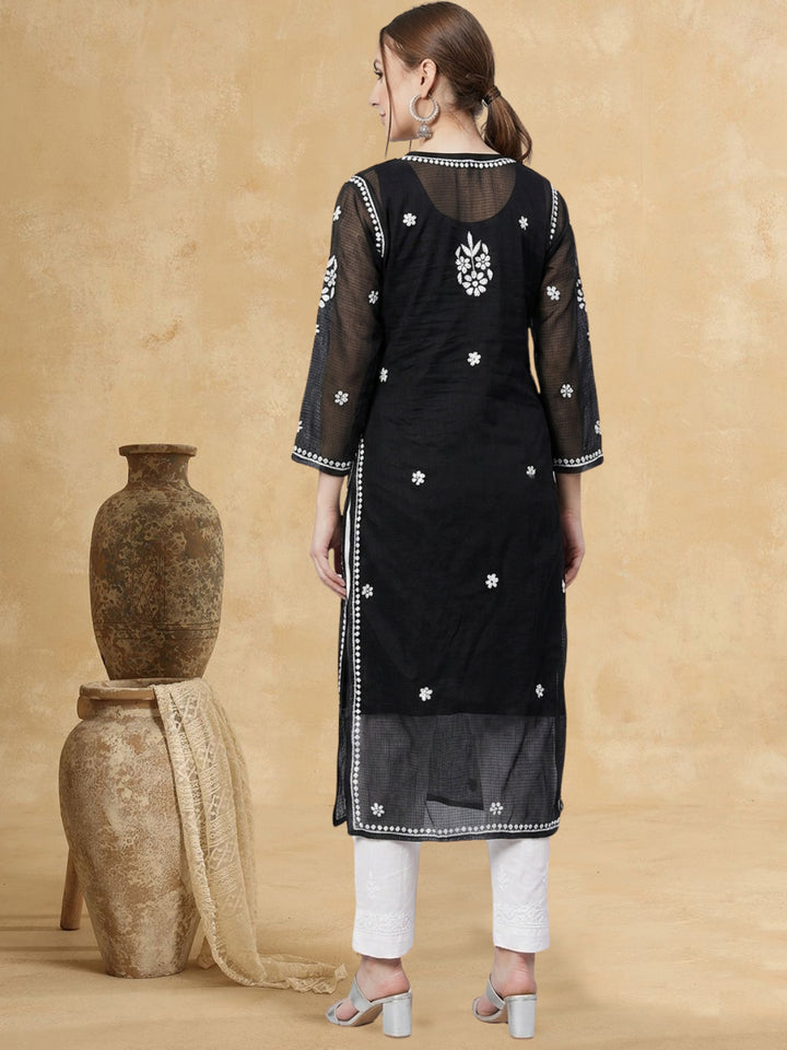 Hand Embroidered Chikankari Kota Cotton straight Kurta with Matching Slip- PC3540 Black