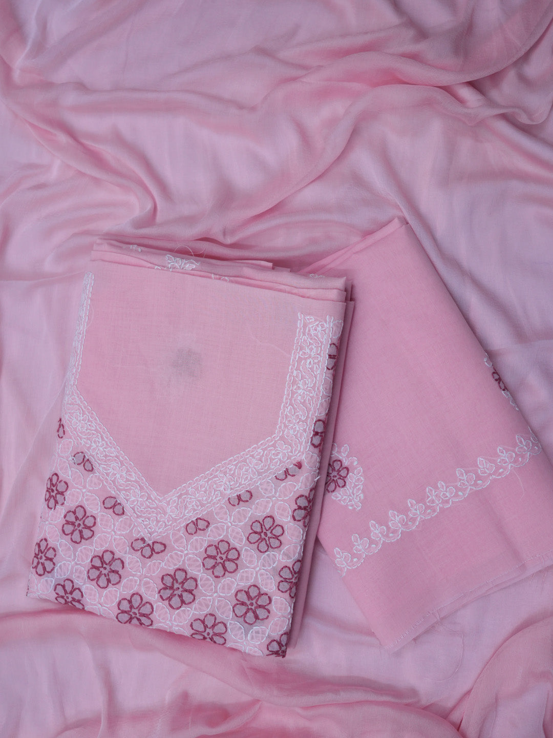 Women Hand Embroidered Chikankari Cotton Dressmaterial PCSCU00102FS-Pink