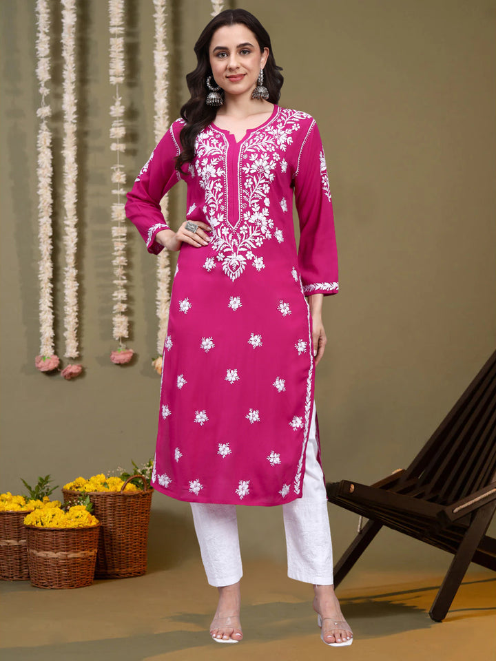 Hand Embroidered Chikankari Modal Straight Kurta- PC4059 Magenta
