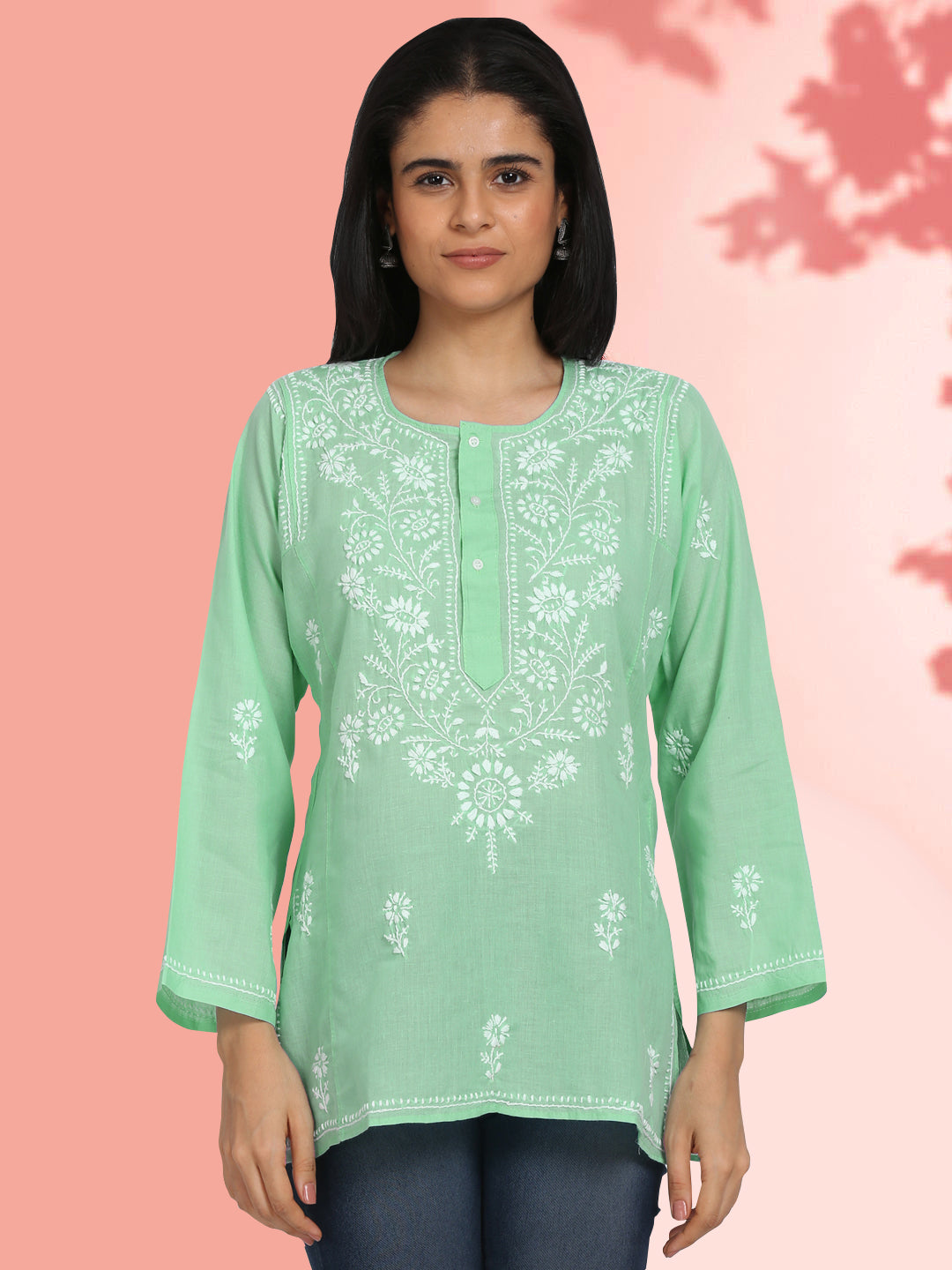 Women Hand Embroidered Chikankari Cotton Kurti-STV115