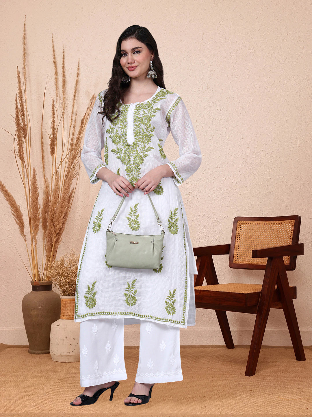 Hand Embroidered Chikankari Kota Cotton Straight Kurta With Matching Slip- PC4137 Olive