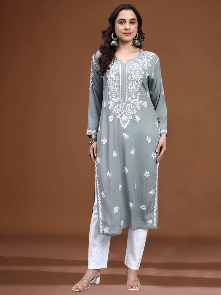 Hand Embroidered Chikankari Modal Straight Kurta- PC4059 Lightgrey