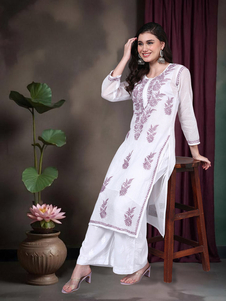 Hand Embroidered Chikankari Kota Cotton Straight Kurta With Matching Slip- PC4137 Lavender